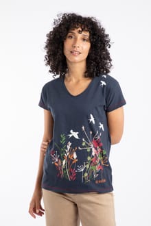 Swirling Swallows Organic Cotton Printed T-Shirt Navy