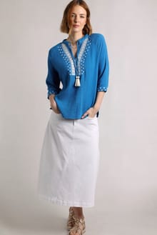 Adalia Organic Cotton Embroidered Double Cloth Blouse Adriatic Blue