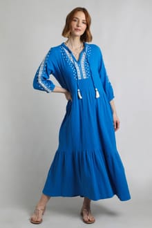 Arles Organic Cotton Embroidered Double Cloth Dress Adriatic Blue