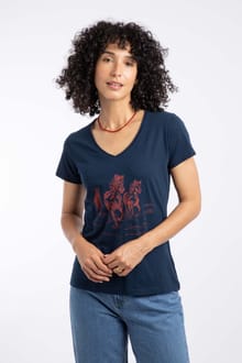 Wild Ponies Front Print Graphic T-Shirt Navy