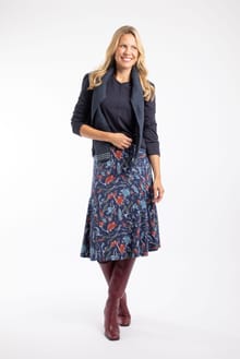 Lorient Printed Jersey Godet Midi Skirt Navy Blue