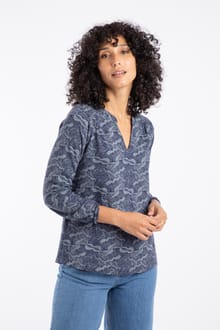 Brooke Organic Cotton Printed V Neck Jersey Top Mid Blue